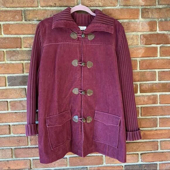 Denim & Co Corduroy Knit Toggle Closure Sweater Jacket Burgundy - Picture 1 of 11